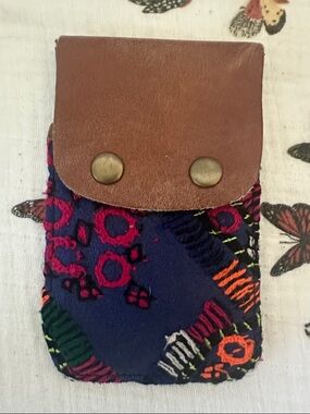 Free People Multicolor Embroidered Card Holder with Brown Leather Flap